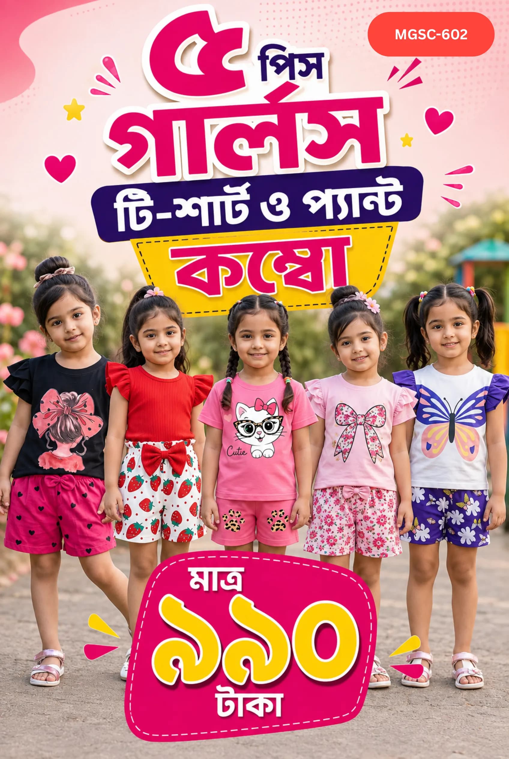 গার্লস ৫ পিস টি-শার্ট ও প্যান্ট কম্বো সেট - MGSC 602