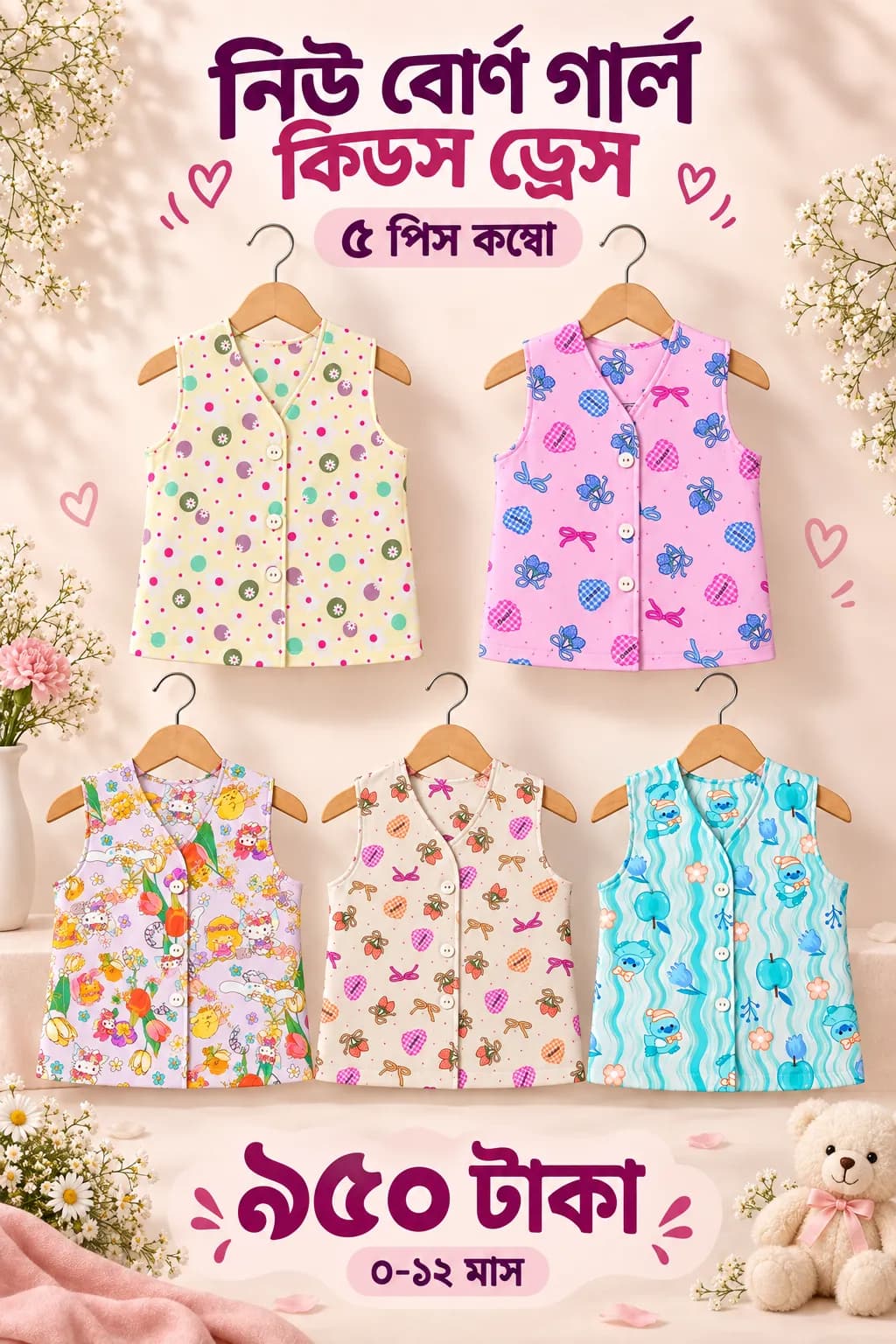 Newborn Girl Kids Dress 5 Pcs Combo MKNBDC-953