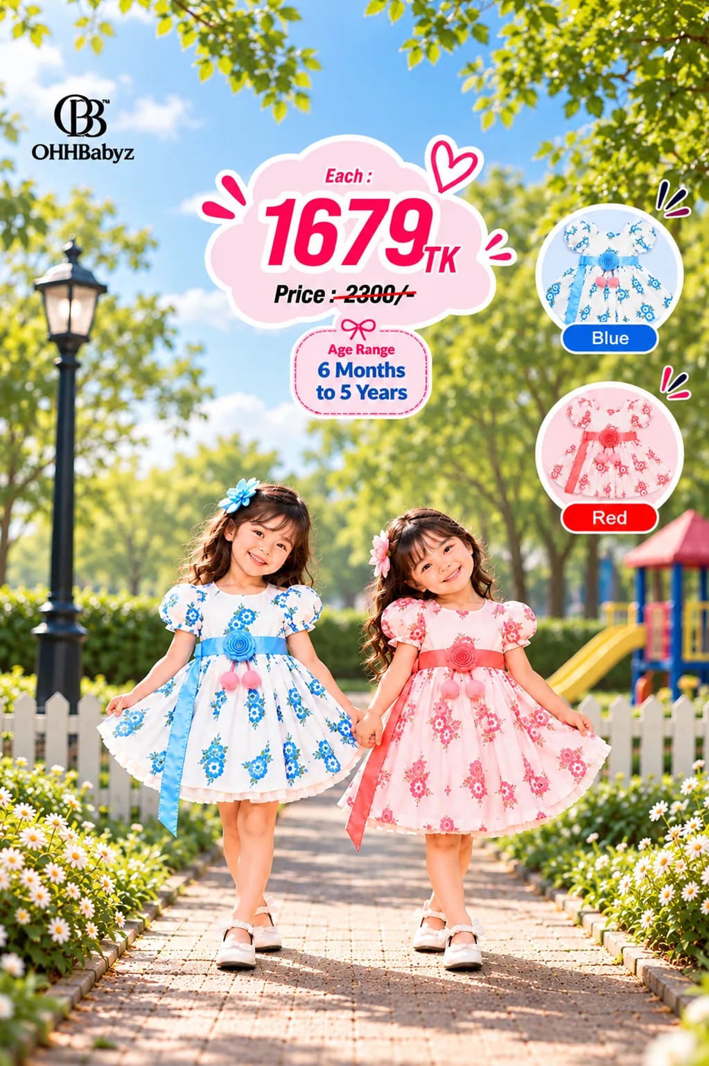 White & Blue Floral Puff Sleeve Flower Girl Dress