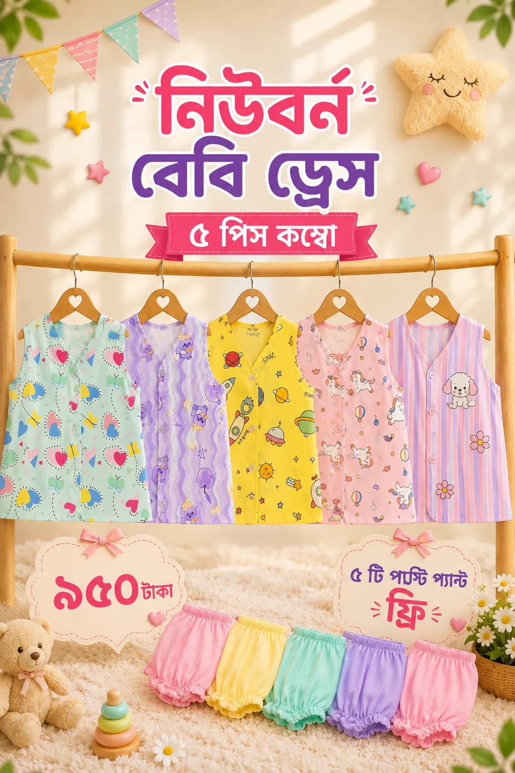 Newborn Girls Kids Dress 5 Pcs Combo MKNBDC-951